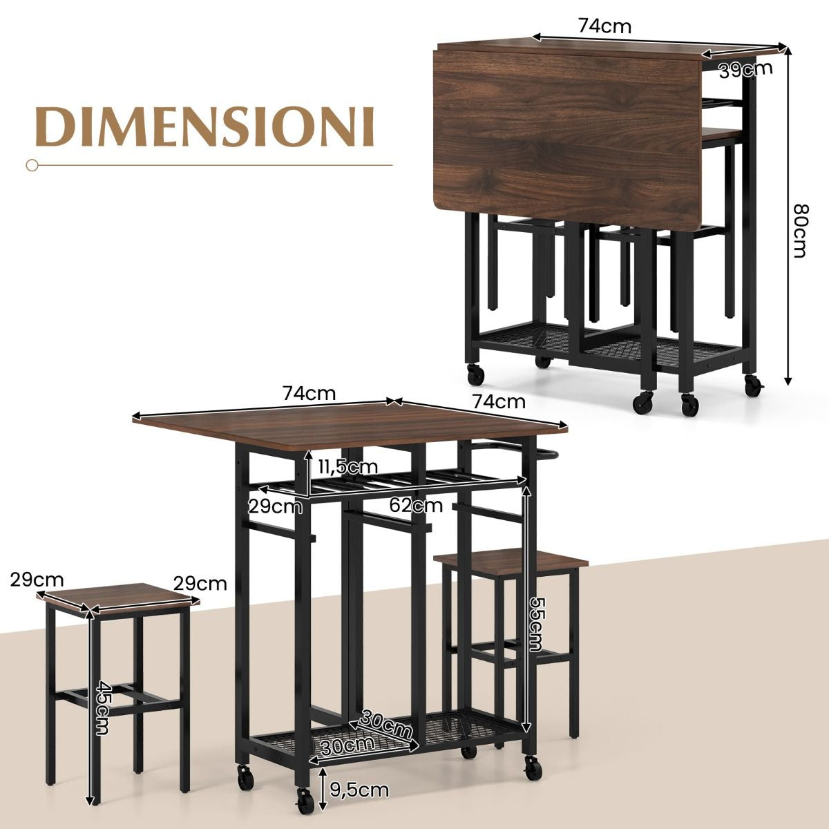 Set Tavolo Da Pranzo 3 Pezzi Con Ruote E Portabottiglie Da 6 Posti, Tavolo Da Cucina Estendibile Con 2 Sgabelli 4 Colori