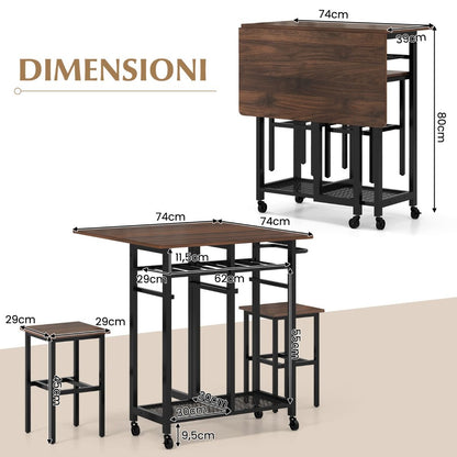 Set Tavolo Da Pranzo 3 Pezzi Con Ruote E Portabottiglie Da 6 Posti, Tavolo Da Cucina Estendibile Con 2 Sgabelli 4 Colori