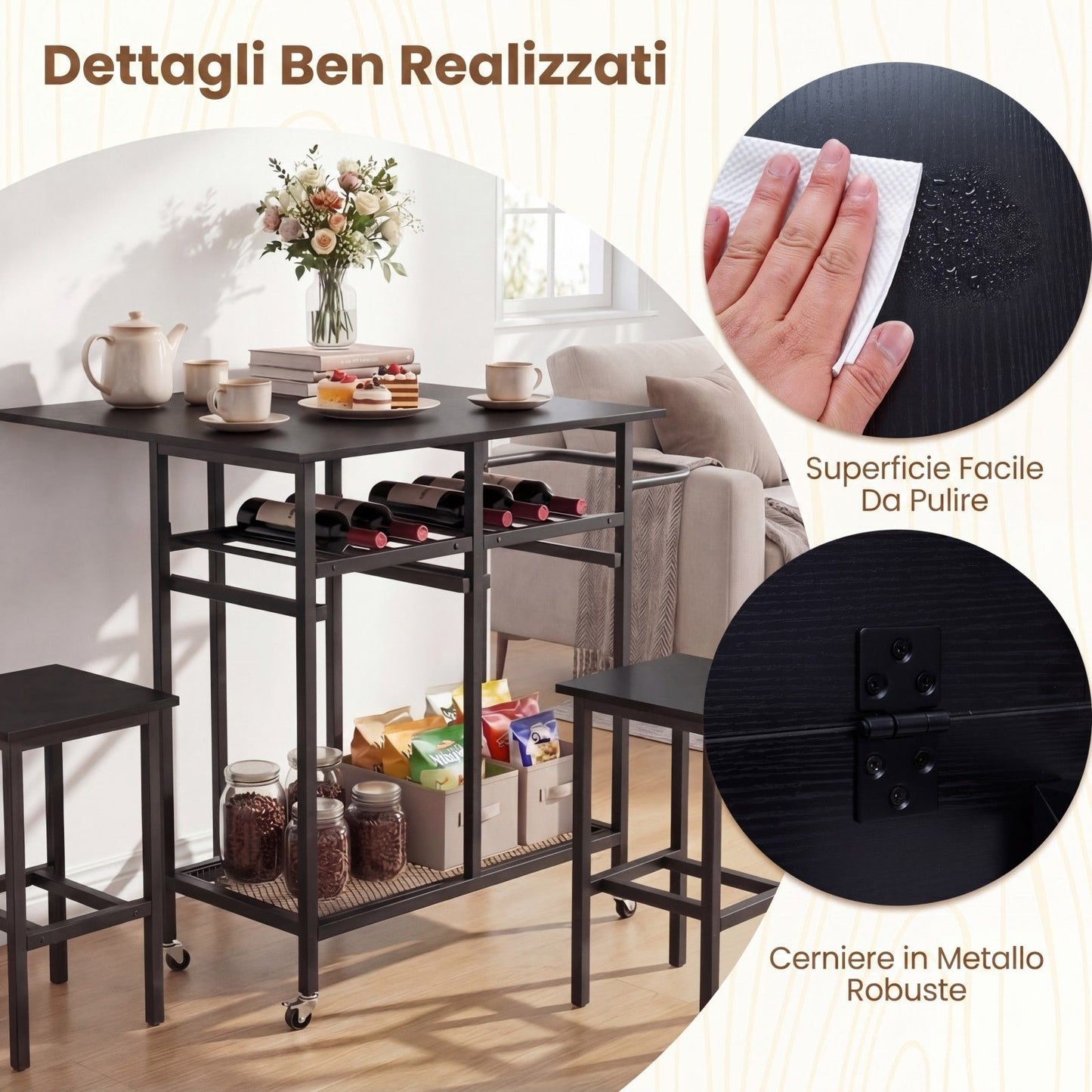 Set Tavolo Da Pranzo 3 Pezzi Con Ruote E Portabottiglie Da 6 Posti, Tavolo Da Cucina Estendibile Con 2 Sgabelli 4 Colori