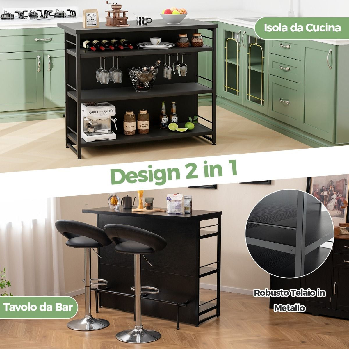 Isola Cucina Stile Industriale Con 3 Ripiani Aperti Portabottiglie E Porta Calici, Mobile Bar Con Poggiapiedi 2 Colori