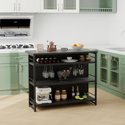 Isola Cucina Stile Industriale Con 3 Ripiani Aperti Portabottiglie E Porta Calici, Mobile Bar Con Poggiapiedi 2 Colori