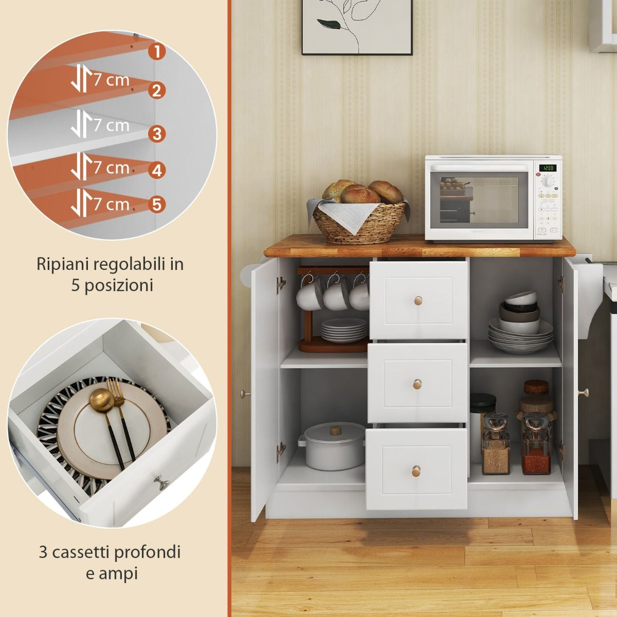 Carrello Da Cucina Con 3 Cassetti 2 Armadietti Chiusi Con Ripiani Regolabili, Isola Con Barra Laterale 2 Colori