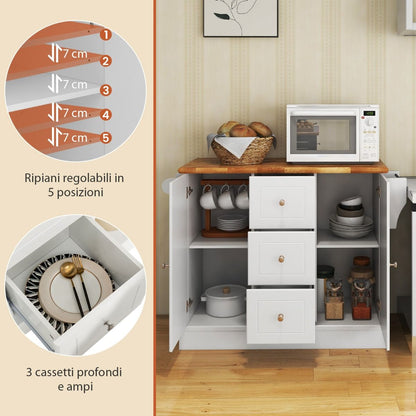 Carrello Da Cucina Con 3 Cassetti 2 Armadietti Chiusi Con Ripiani Regolabili, Isola Con Barra Laterale 2 Colori