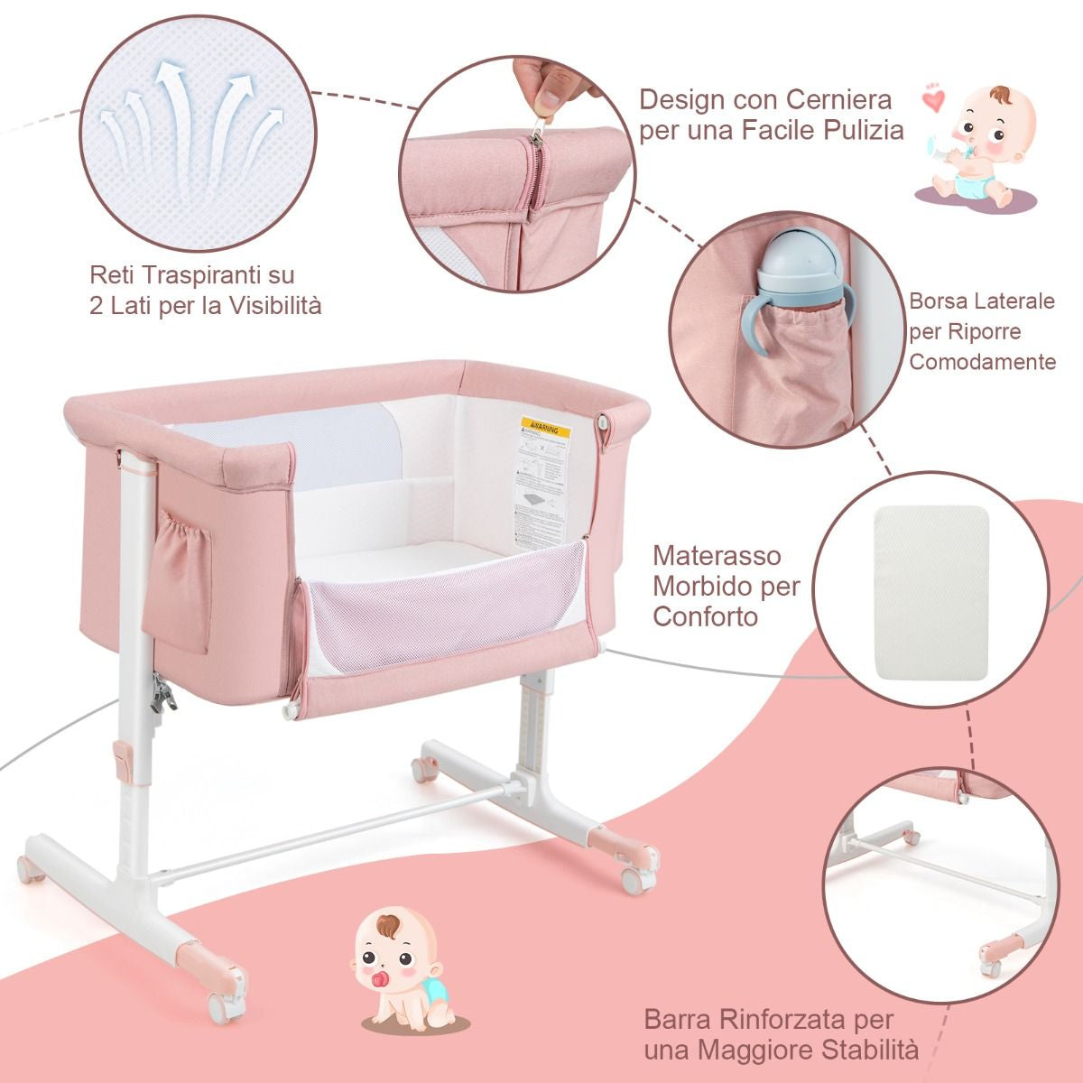 Culla per Bambini 3 in 1 Con 5 Livelli Di Altezza Regolabili Borsa Da Viaggio, Traversina per Bambini 4 Colori