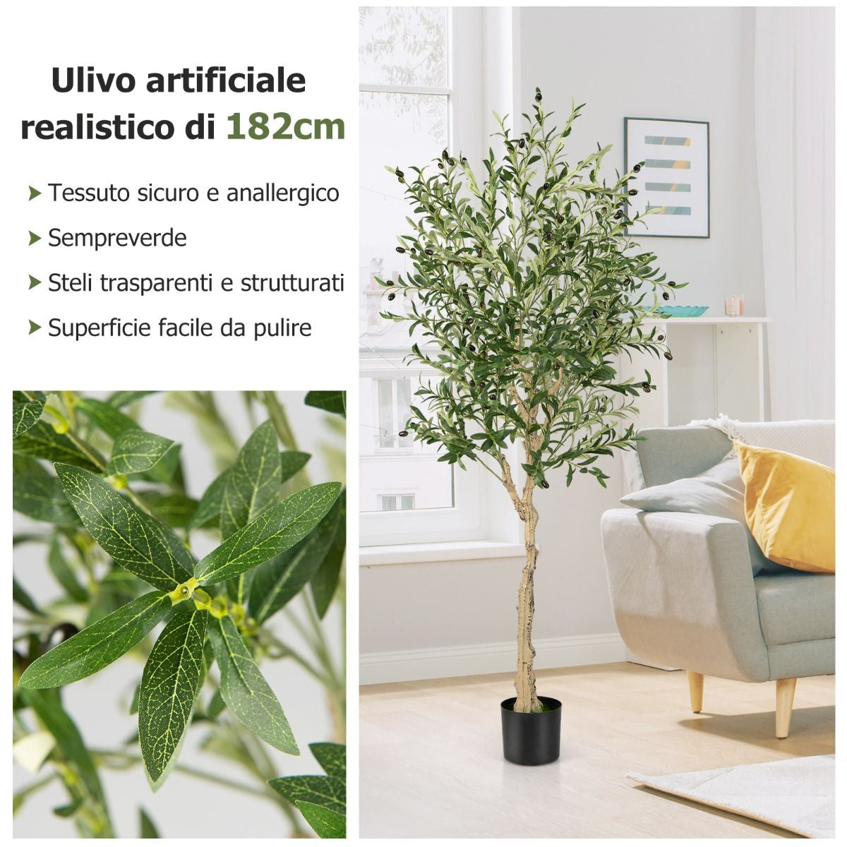 Ulivo Artificiale 182Cm Con 1296 Foglie 72 Frutti, Ulivo Finto in Vaso Di Cemento per Ufficio Casa