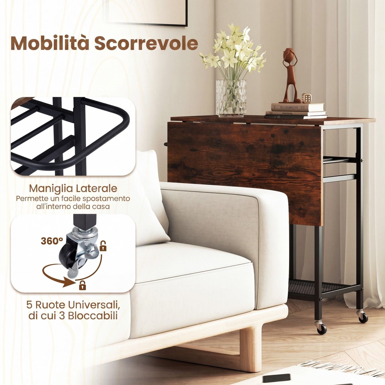 Set Tavolo Da Pranzo 3 Pezzi Con Ruote E Portabottiglie Da 6 Posti, Tavolo Da Cucina Estendibile Con 2 Sgabelli 4 Colori