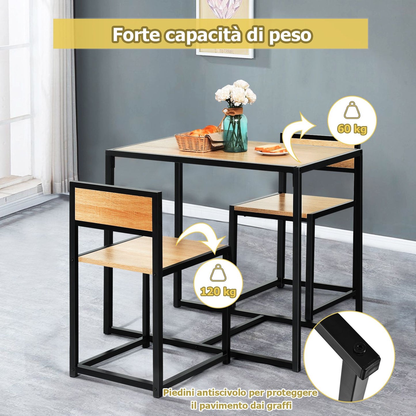 Set Da Pranzo Da 3 Pezzi Con Struttura Di Metallo, Tavolo Da Cucina Con 2 Sedie per Spazi Ridotti, Naturale