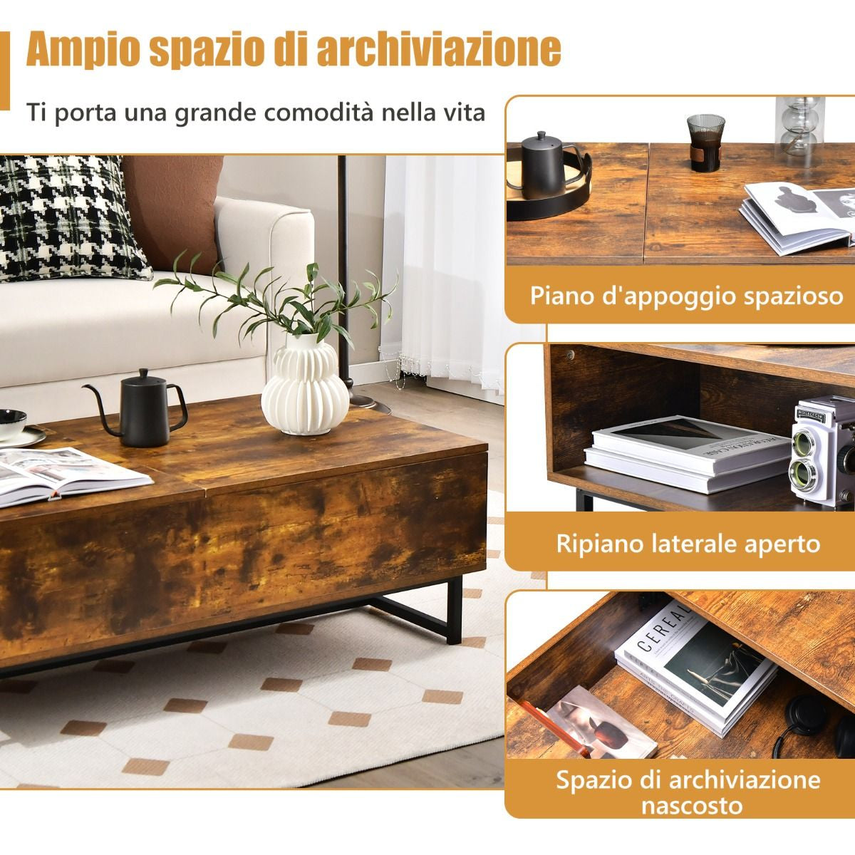 Tavolino Da Caffè 110Cm in Legno Con Ampi Scomparti Struttura in Metallo, Tavolino Da Tè per Soggiorno