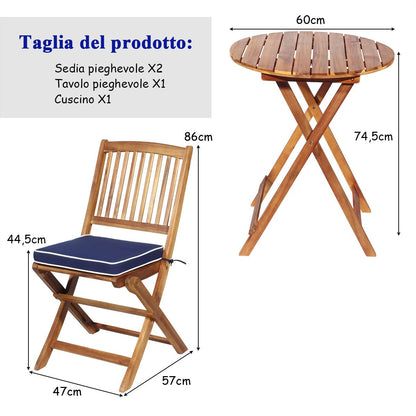 Set 3 Pezzi Pieghevoli in Legno Di Acacia Da Esterno, Set Sedie E Tavolo Con Cuscino Imbottito 3 Colori