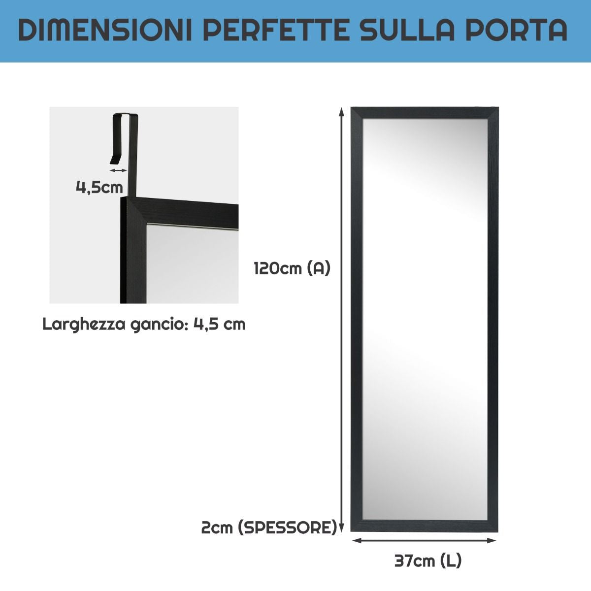 Specchio a Figura Intera Sulla Porta O Sul Muro, Specchio per Camera Da Letto Salone Spogliatoio 120X37Cm Nero