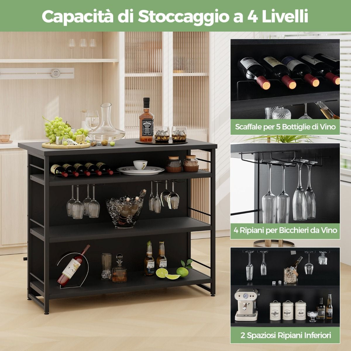 Isola Cucina Stile Industriale Con 3 Ripiani Aperti Portabottiglie E Porta Calici, Mobile Bar Con Poggiapiedi 2 Colori