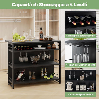 Isola Cucina Stile Industriale Con 3 Ripiani Aperti Portabottiglie E Porta Calici, Mobile Bar Con Poggiapiedi 2 Colori