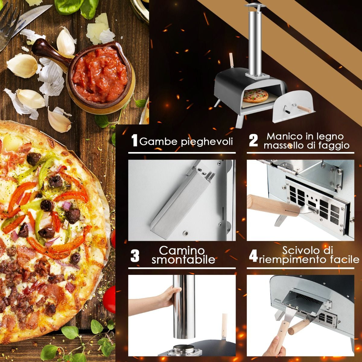 Forno per Pizza Portatile Con Pietra Refrattaria Parafuoco Gambe Pieghevoli, Forno in Acciaio Da Campeggio