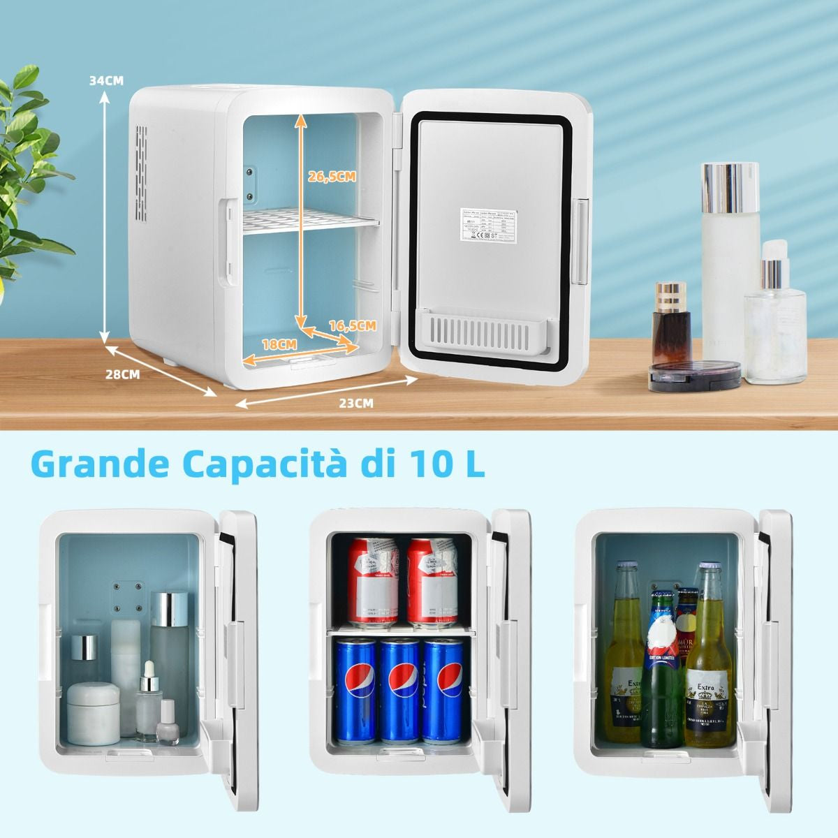 Mini Frigo Portatile 10 L AC/DC Con Specchio LED, Frigorifero Compatto Termostatico per Auto E Casa Bianco