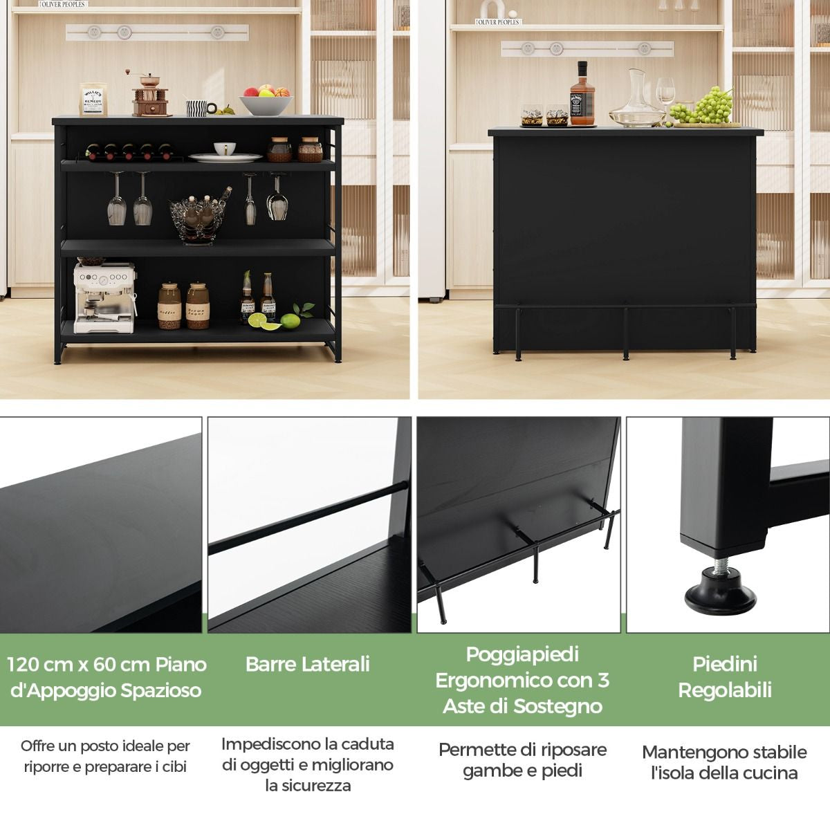 Isola Cucina Stile Industriale Con 3 Ripiani Aperti Portabottiglie E Porta Calici, Mobile Bar Con Poggiapiedi 2 Colori