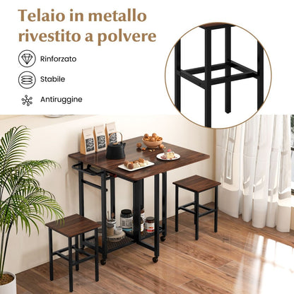 Set Tavolo Da Pranzo 3 Pezzi Con Ruote E Portabottiglie Da 6 Posti, Tavolo Da Cucina Estendibile Con 2 Sgabelli 4 Colori