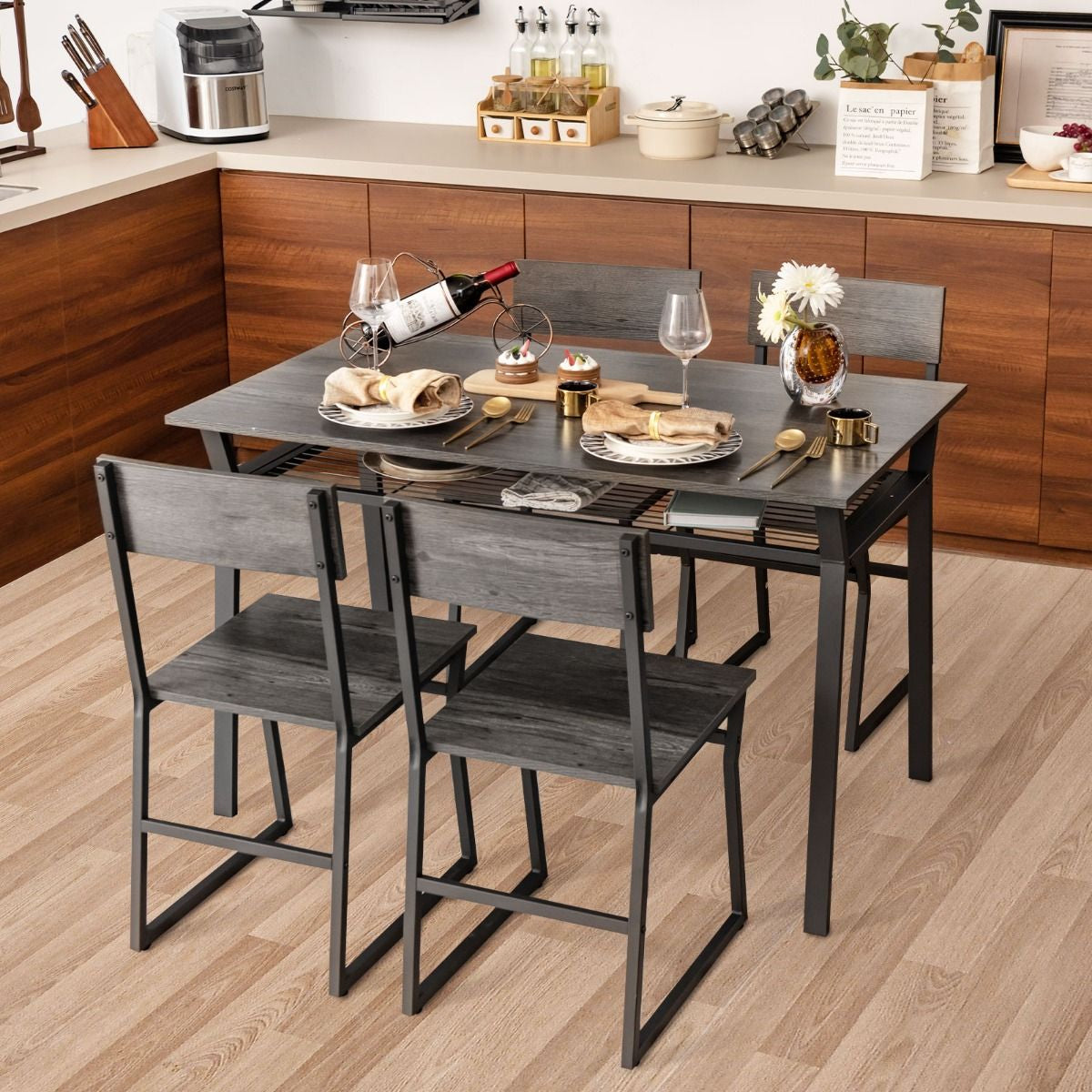 Set Da Tavolo Da Pranzo 5 Pezzi, Tavolo Da Cucina Con 4 Sedie Mensola Portaoggetti E Telaio in Metallo 2 Colori