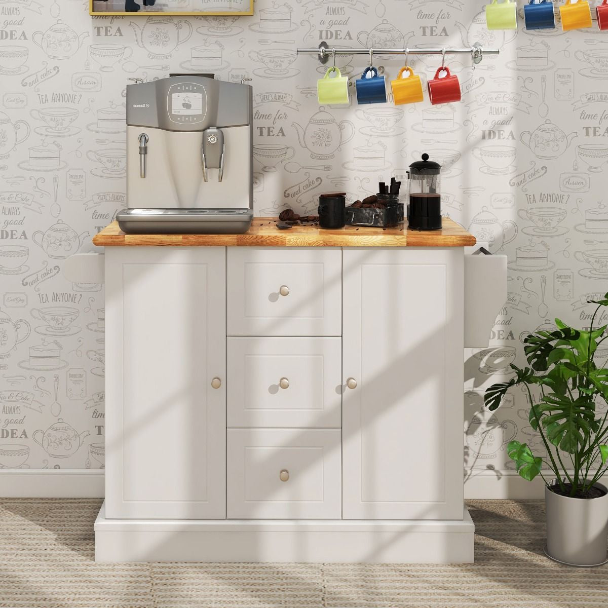 Carrello Da Cucina Con 3 Cassetti 2 Armadietti Chiusi Con Ripiani Regolabili, Isola Con Barra Laterale 2 Colori