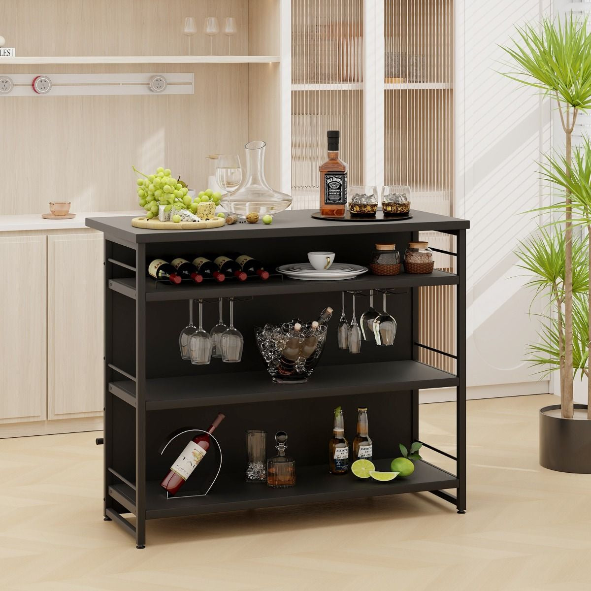 Isola Cucina Stile Industriale Con 3 Ripiani Aperti Portabottiglie E Porta Calici, Mobile Bar Con Poggiapiedi 2 Colori