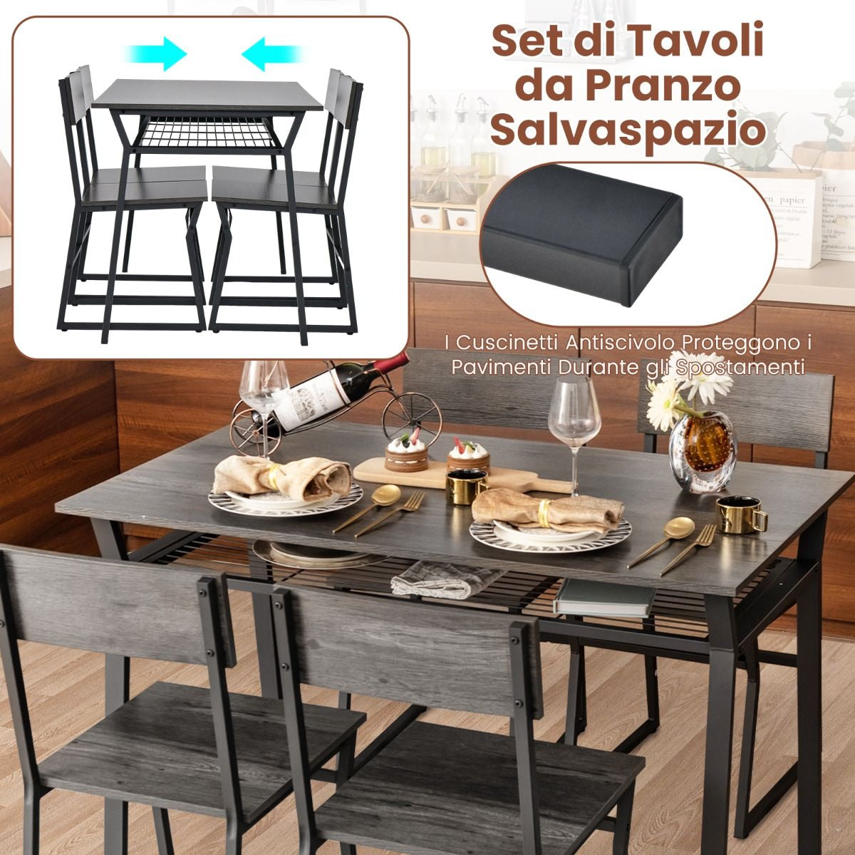 Set Da Tavolo Da Pranzo 5 Pezzi, Tavolo Da Cucina Con 4 Sedie Mensola Portaoggetti E Telaio in Metallo 2 Colori