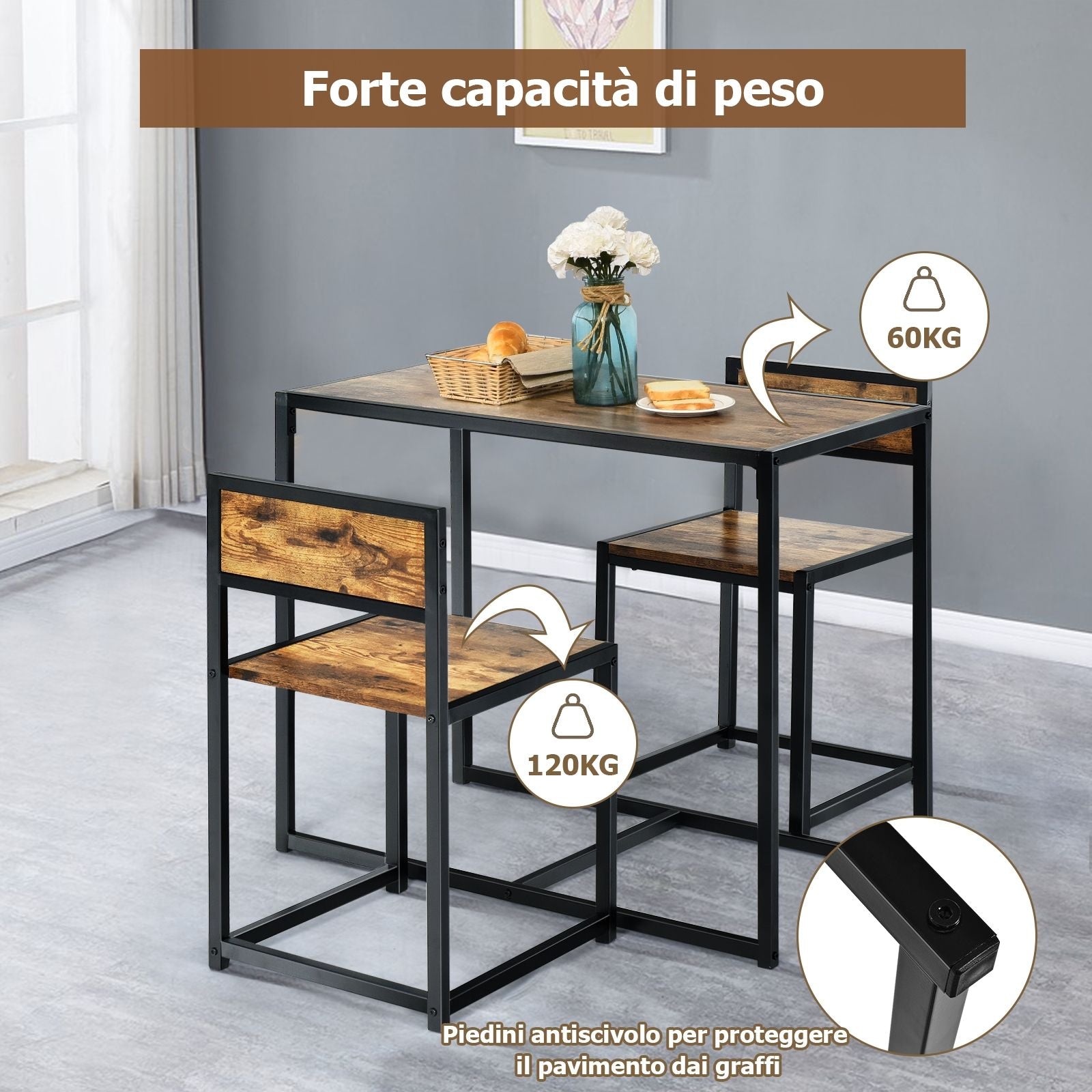 Set Da Pranzo Da 3 Pezzi Con Struttura Di Metallo, Tavolo Da Cucina Con 2 Sedie per Spazi Ridotti, Antico