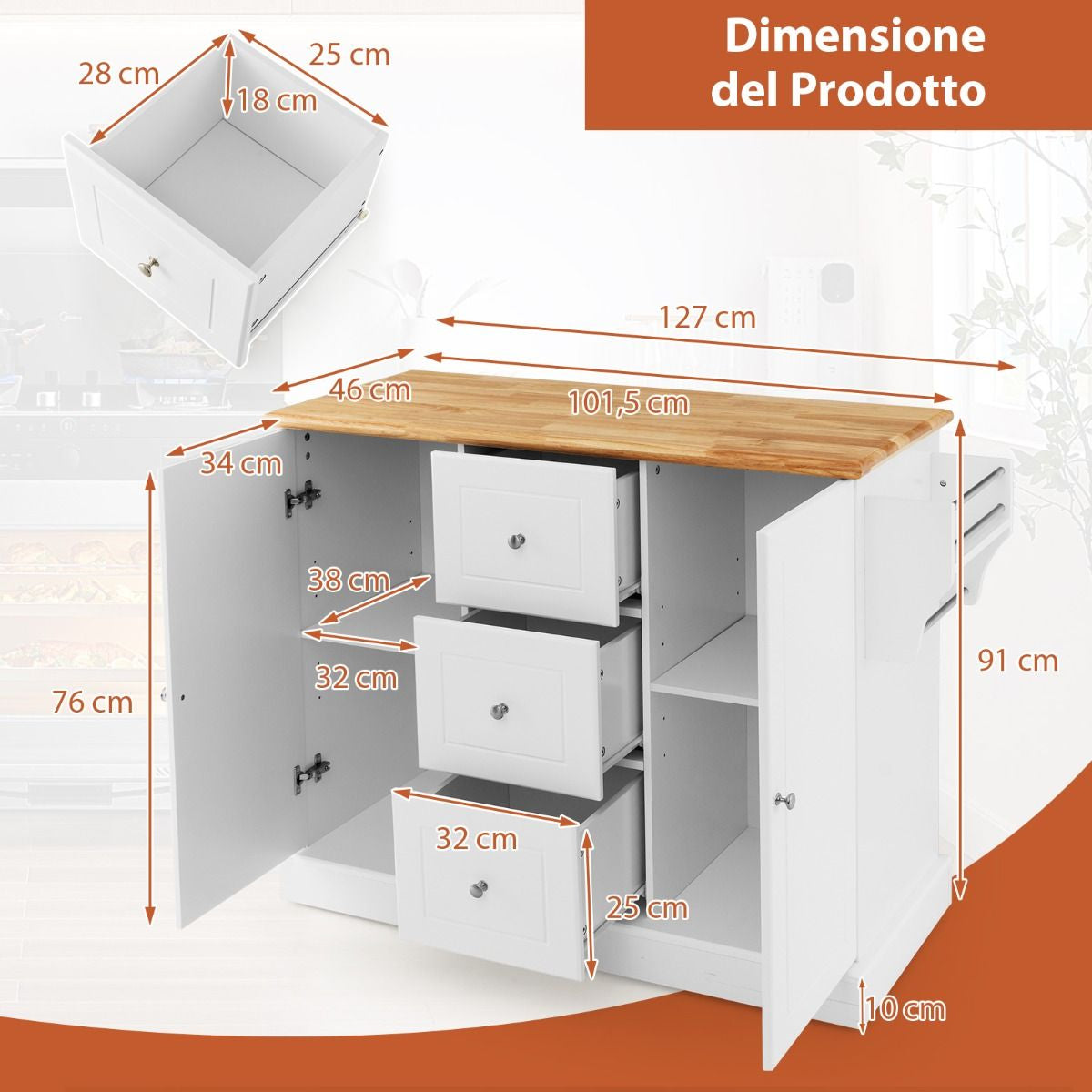 Carrello Da Cucina Con 3 Cassetti 2 Armadietti Chiusi Con Ripiani Regolabili, Isola Con Barra Laterale 2 Colori