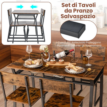 Set Da Tavolo Da Pranzo 5 Pezzi, Tavolo Da Cucina Con 4 Sedie Mensola Portaoggetti E Telaio in Metallo 2 Colori
