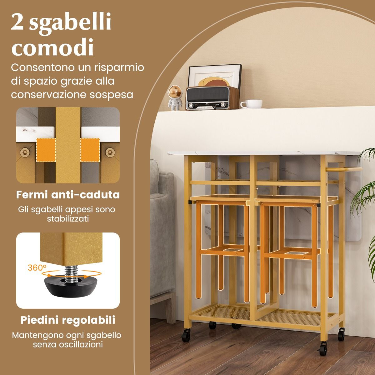 Set Tavolo Da Pranzo 3 Pezzi Con Ruote E Portabottiglie Da 6 Posti, Tavolo Da Cucina Estendibile Con 2 Sgabelli 4 Colori