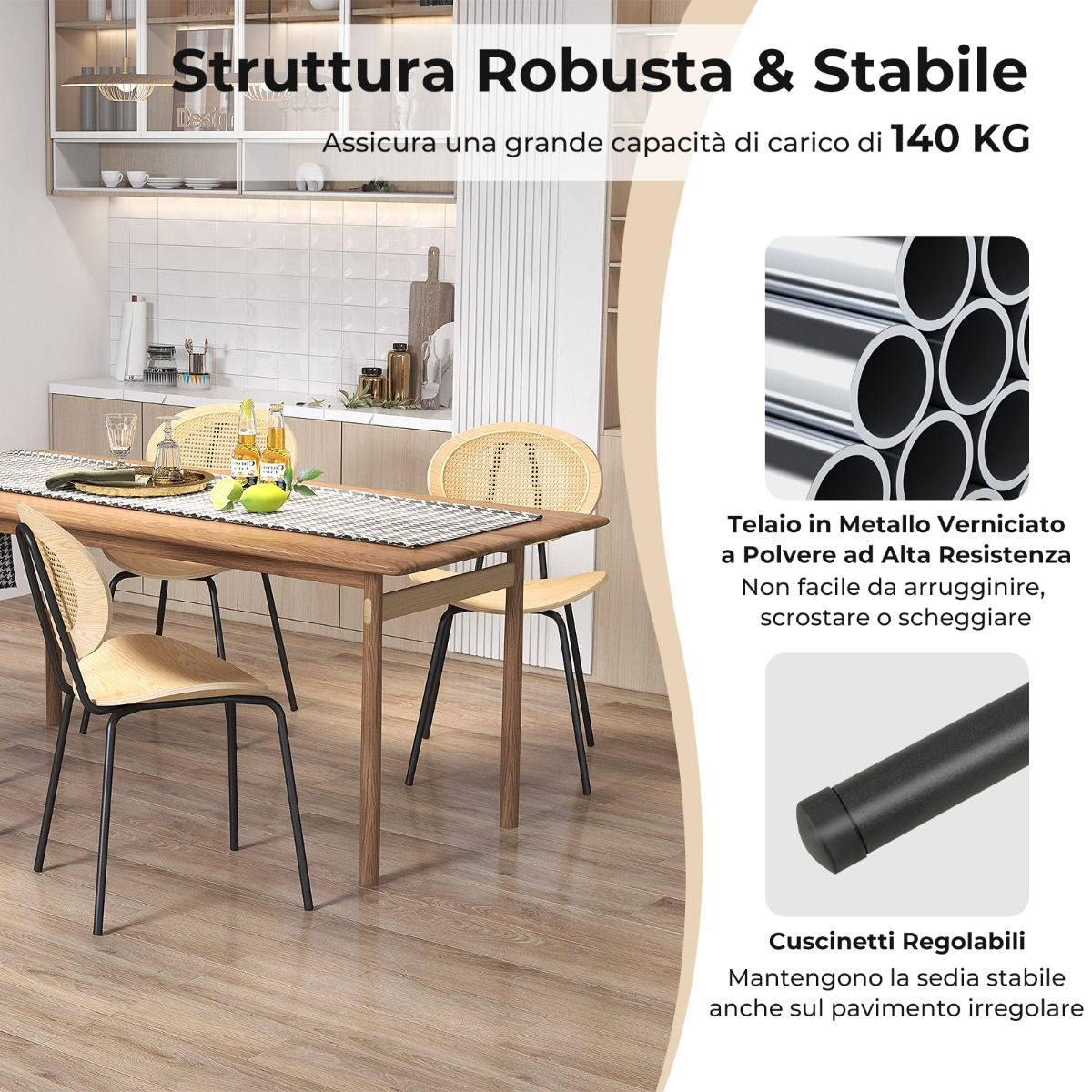Set Di 2 Sedie Da Pranzo in Rattan Con Gambe in Metallo Seduta in Compensato, Sedie Boho Portata 140Kg Naturale