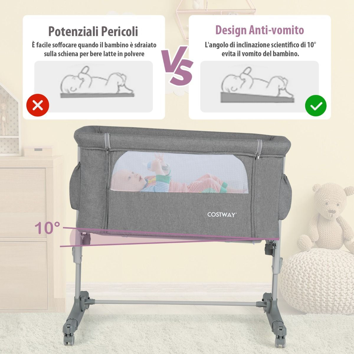 Culla per Bambini 3 in 1 Con 5 Livelli Di Altezza Regolabili Borsa Da Viaggio, Traversina per Bambini 4 Colori