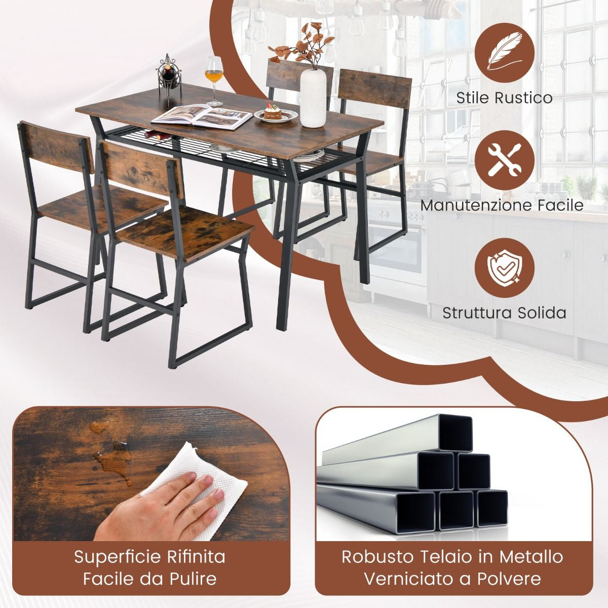 Set Da Tavolo Da Pranzo 5 Pezzi, Tavolo Da Cucina Con 4 Sedie Mensola Portaoggetti E Telaio in Metallo 2 Colori