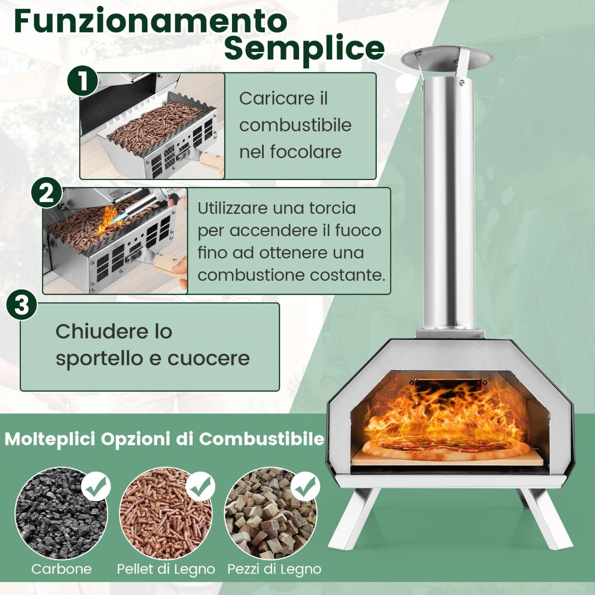 Forno per Pizza in Acciaio Inox Con Pietra per Pizza Gambe Pieghevoli, Grill a Legna Portatile per Pizza Nero
