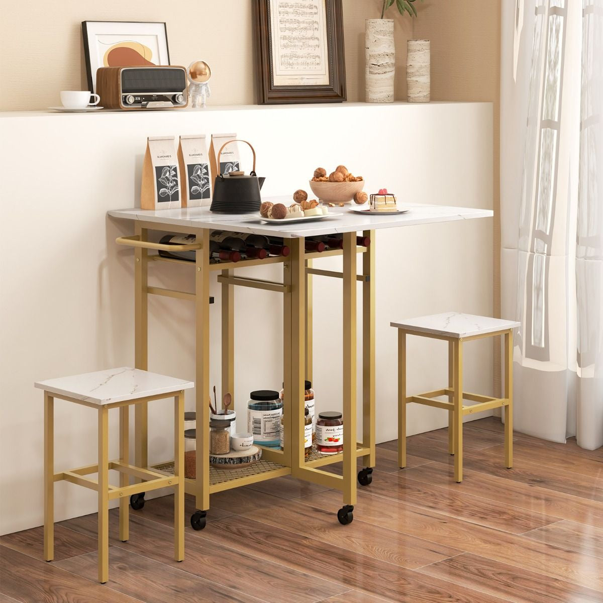 Set Tavolo Da Pranzo 3 Pezzi Con Ruote E Portabottiglie Da 6 Posti, Tavolo Da Cucina Estendibile Con 2 Sgabelli 4 Colori