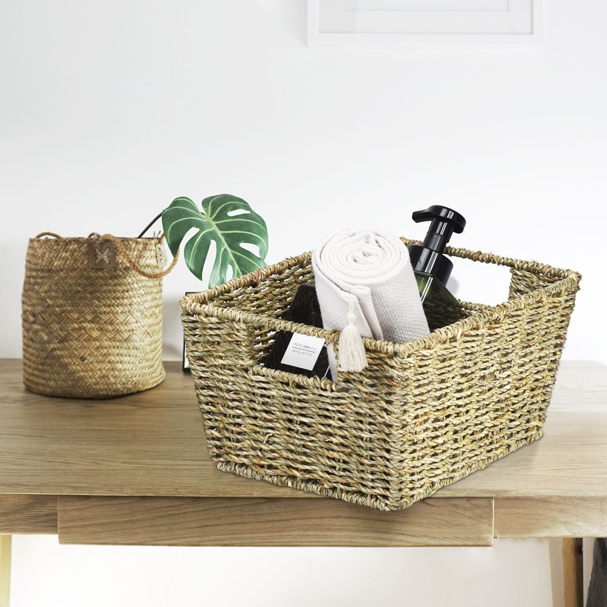 Set Di 4 Cestini in Seagrass Con Maniglie, Cestini Rettangolari in Seagrass Con Struttura in Ferro