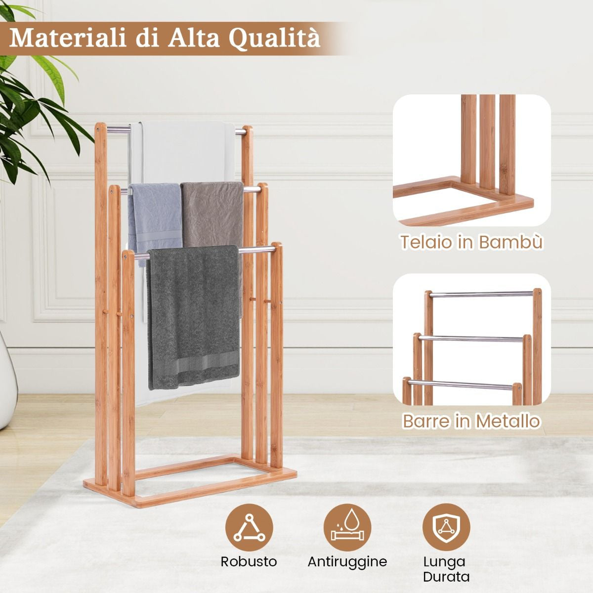 Porta Asciugamani in Legno Di Bambu Con 3 Barre in Acciaio Inox Da Terra 46X24X84Cm