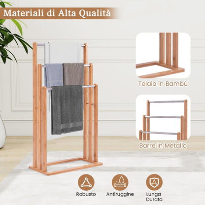 Porta Asciugamani in Legno Di Bambu Con 3 Barre in Acciaio Inox Da Terra 46X24X84Cm