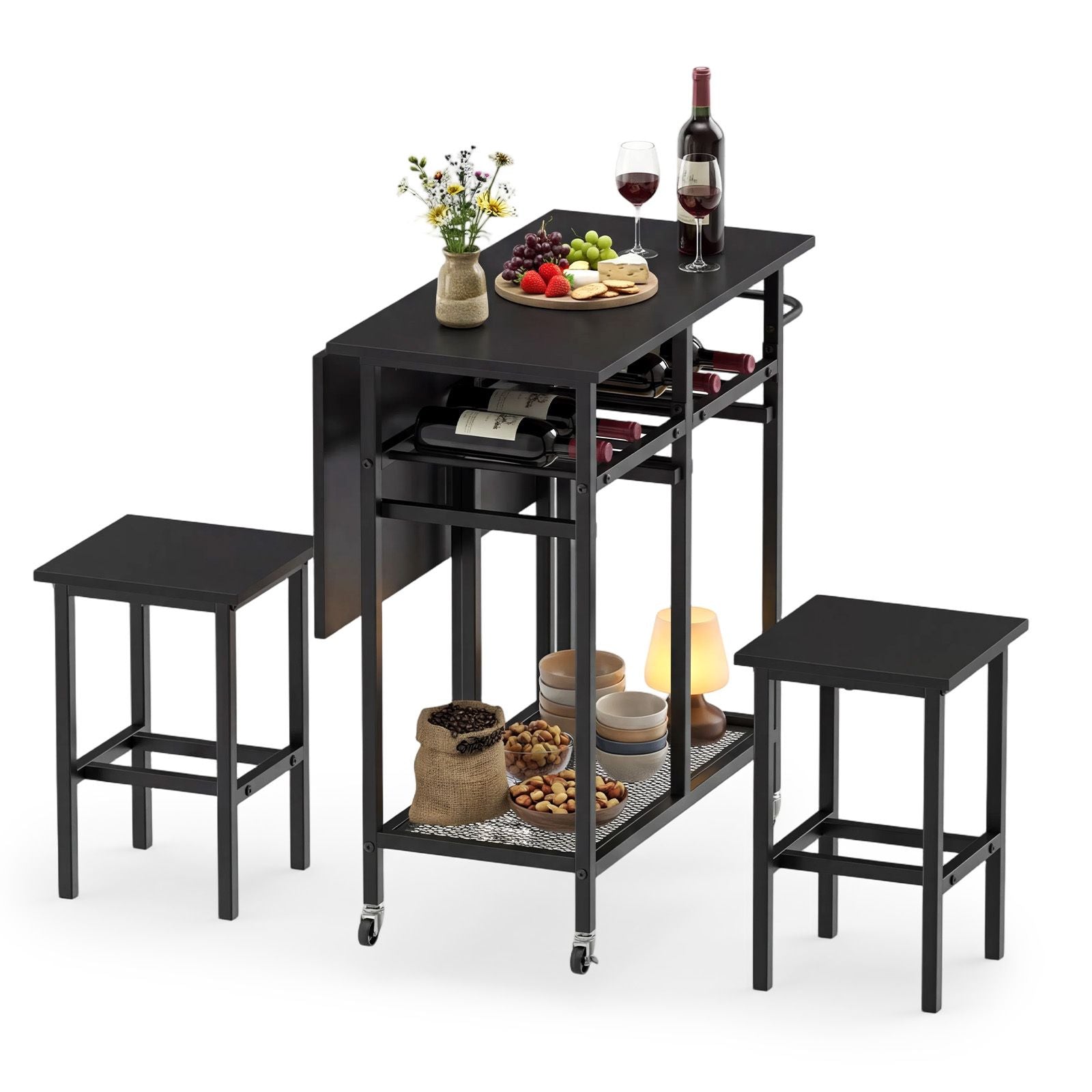 Set Tavolo Da Pranzo 3 Pezzi Con Ruote E Portabottiglie Da 6 Posti, Tavolo Da Cucina Estendibile Con 2 Sgabelli 4 Colori