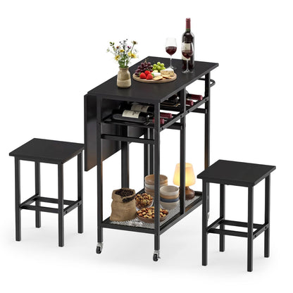 Set Tavolo Da Pranzo 3 Pezzi Con Ruote E Portabottiglie Da 6 Posti, Tavolo Da Cucina Estendibile Con 2 Sgabelli 4 Colori
