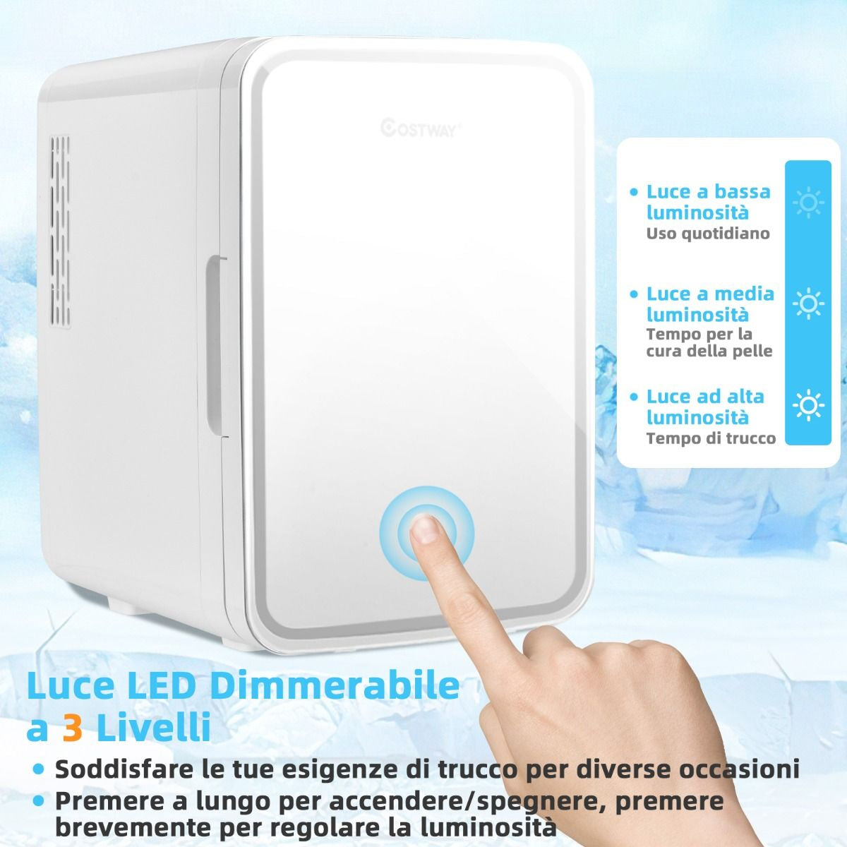 Mini Frigo Portatile 10 L AC/DC Con Specchio LED, Frigorifero Compatto Termostatico per Auto E Casa Bianco