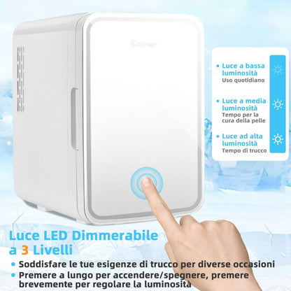Mini Frigo Portatile 10 L AC/DC Con Specchio LED, Frigorifero Compatto Termostatico per Auto E Casa Bianco
