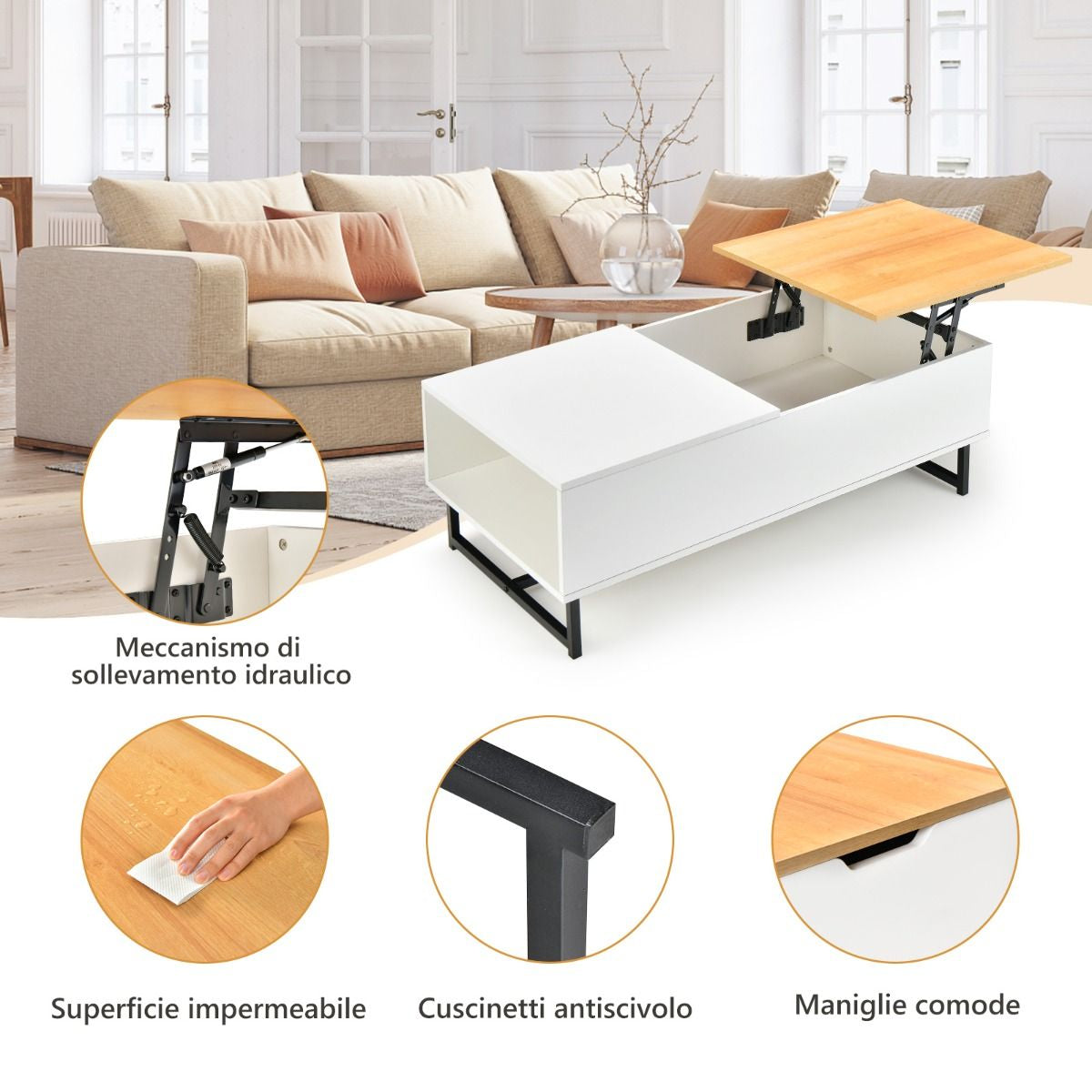 Tavolino Da Caffè 110Cm in Legno Con Ampi Scomparti Struttura in Metallo, Tavolino Da Tè per Soggiorno