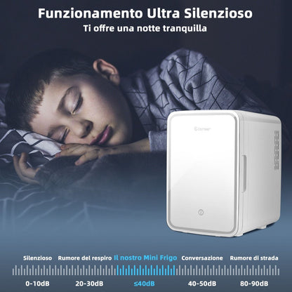 Mini Frigo Portatile 10 L AC/DC Con Specchio LED, Frigorifero Compatto Termostatico per Auto E Casa Bianco
