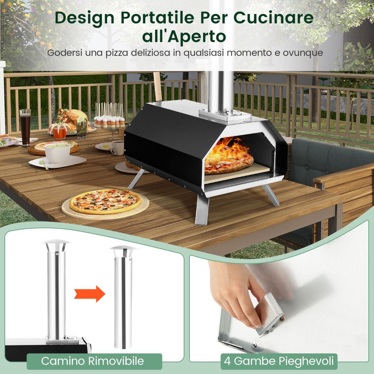 Forno per Pizza in Acciaio Inox Con Pietra per Pizza Gambe Pieghevoli, Grill a Legna Portatile per Pizza Nero