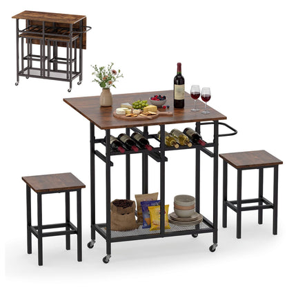 Set Tavolo Da Pranzo 3 Pezzi Con Ruote E Portabottiglie Da 6 Posti, Tavolo Da Cucina Estendibile Con 2 Sgabelli 4 Colori