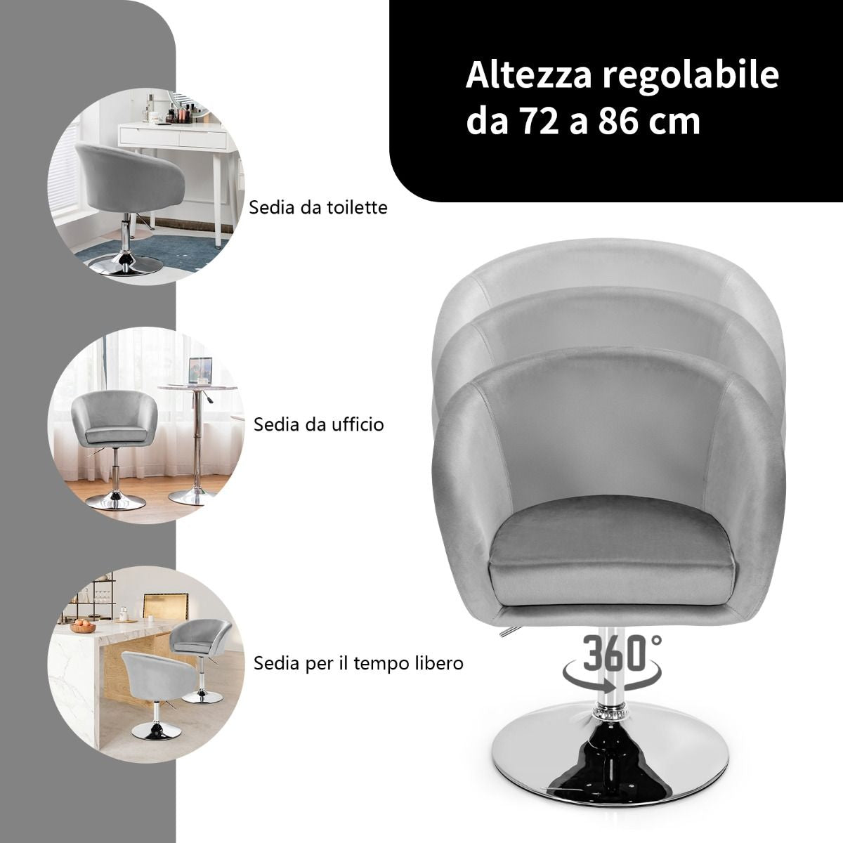 Sedia Da Bar Girevole in Velluto Con Schienale Rotondo Regolabile in Altezza, Sgabello per Ufficio Alto