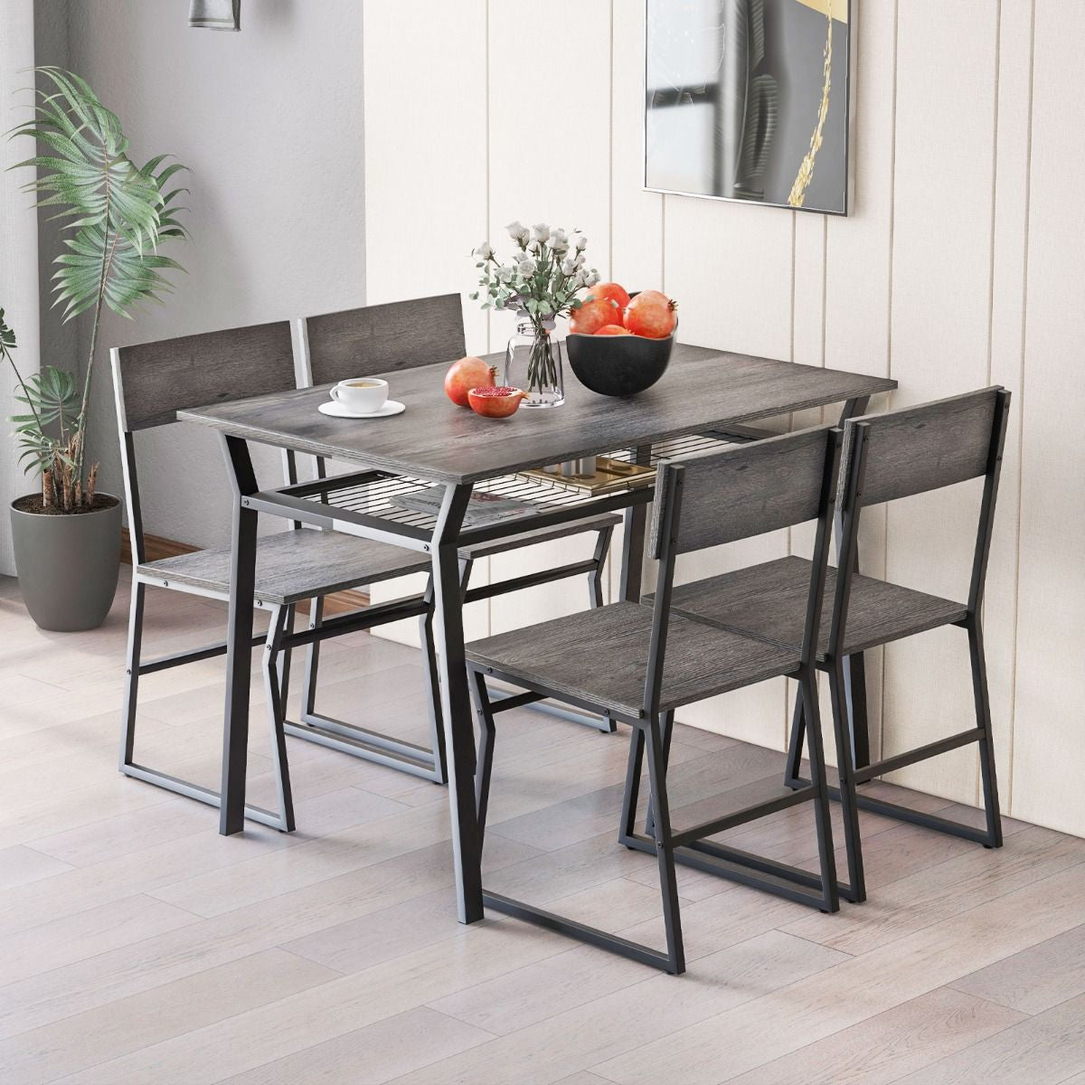 Set Da Tavolo Da Pranzo 5 Pezzi, Tavolo Da Cucina Con 4 Sedie Mensola Portaoggetti E Telaio in Metallo 2 Colori