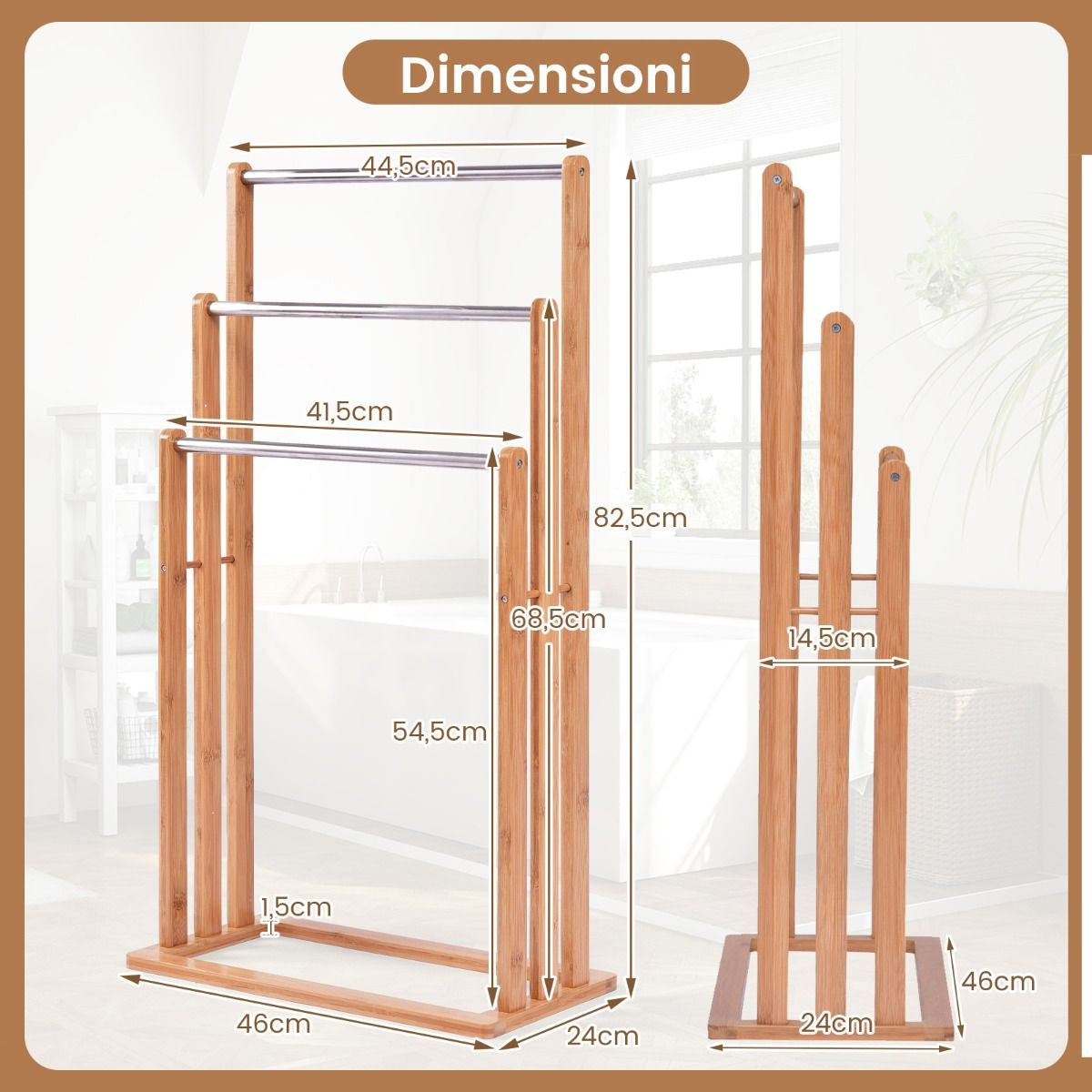 Porta Asciugamani in Legno Di Bambu Con 3 Barre in Acciaio Inox Da Terra 46X24X84Cm