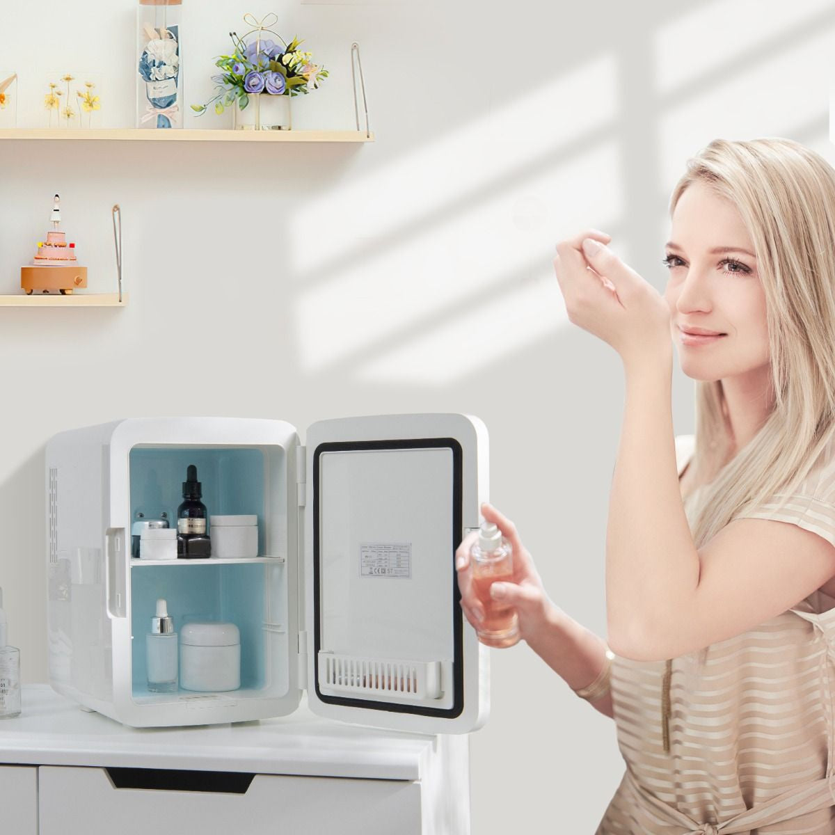 Mini Frigo Portatile 10 L AC/DC Con Specchio LED, Frigorifero Compatto Termostatico per Auto E Casa Bianco