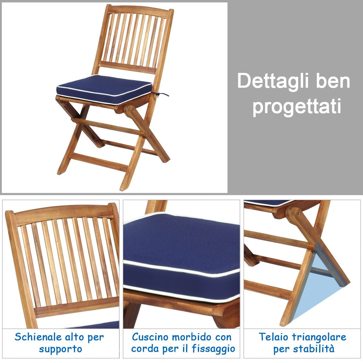 Set 3 Pezzi Pieghevoli in Legno Di Acacia Da Esterno, Set Sedie E Tavolo Con Cuscino Imbottito 3 Colori