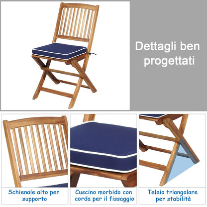 Set 3 Pezzi Pieghevoli in Legno Di Acacia Da Esterno, Set Sedie E Tavolo Con Cuscino Imbottito 3 Colori